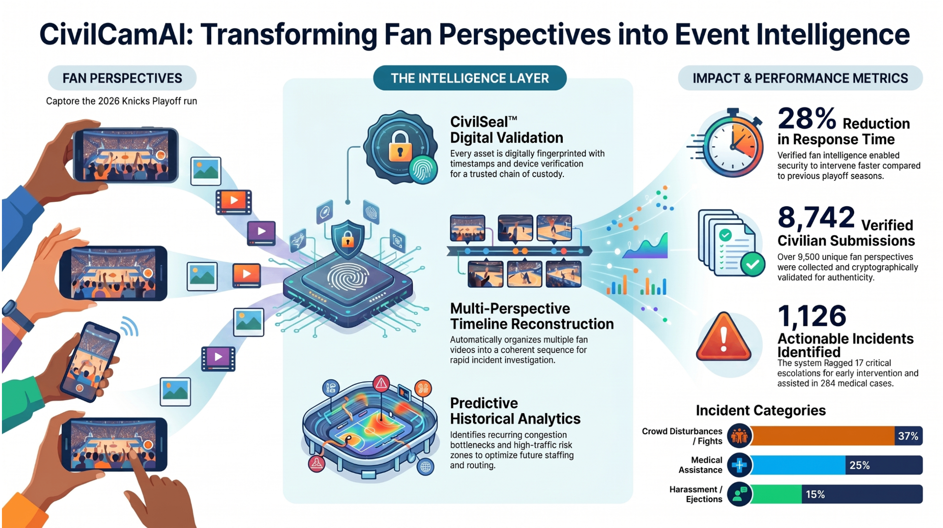 CivilCamAi infographic: Fan perspectives flow into the intelligence layer — CivilSeal validation, multi-perspective timeline reconstruction, and predictive analytics — producing measurable event intelligence like 28% faster response times and 8,742 verified submissions.