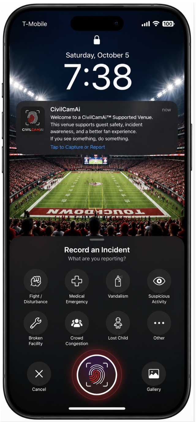 CivilCamAI app - contributor capturing evidence at a live event