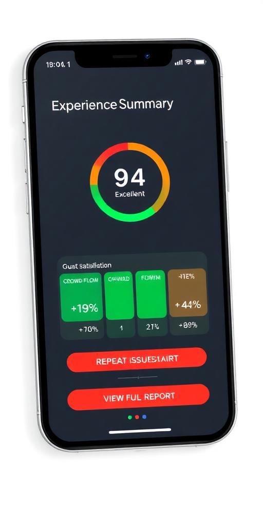 Event Summary mobile dashboard showing experience score and metrics