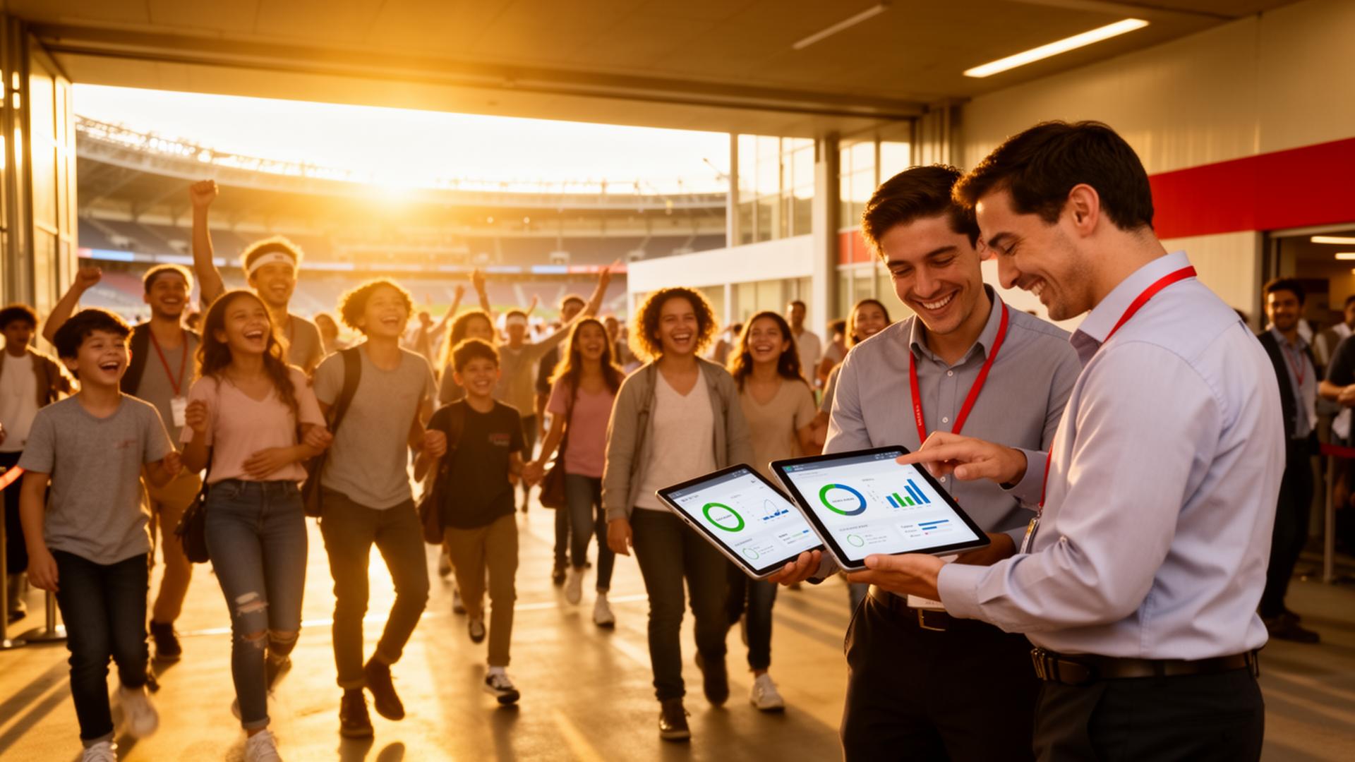 Happy fans leaving an event while operators review insights on tablets