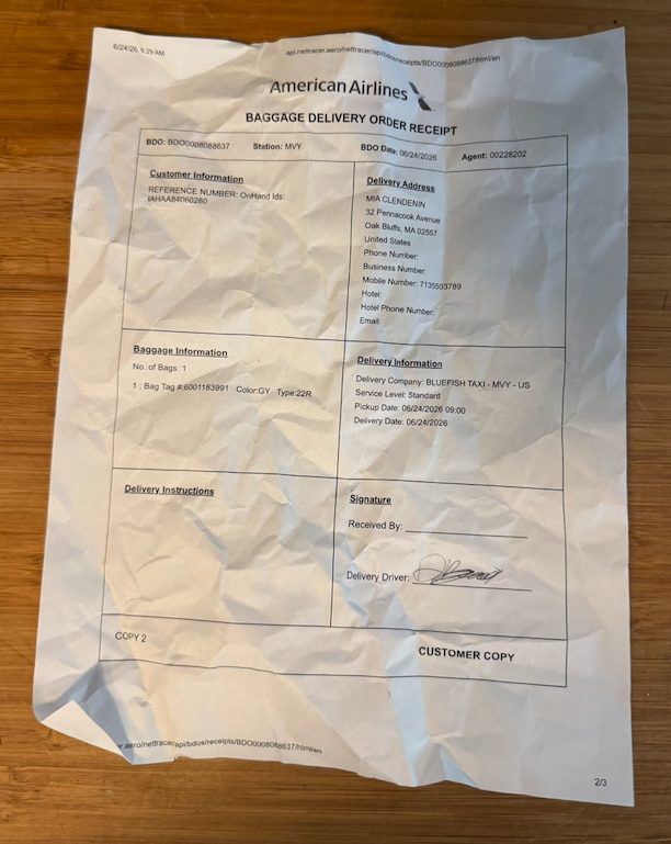 American Airlines Baggage Delivery Order Receipt for lost baggage delivered June 24, 2026