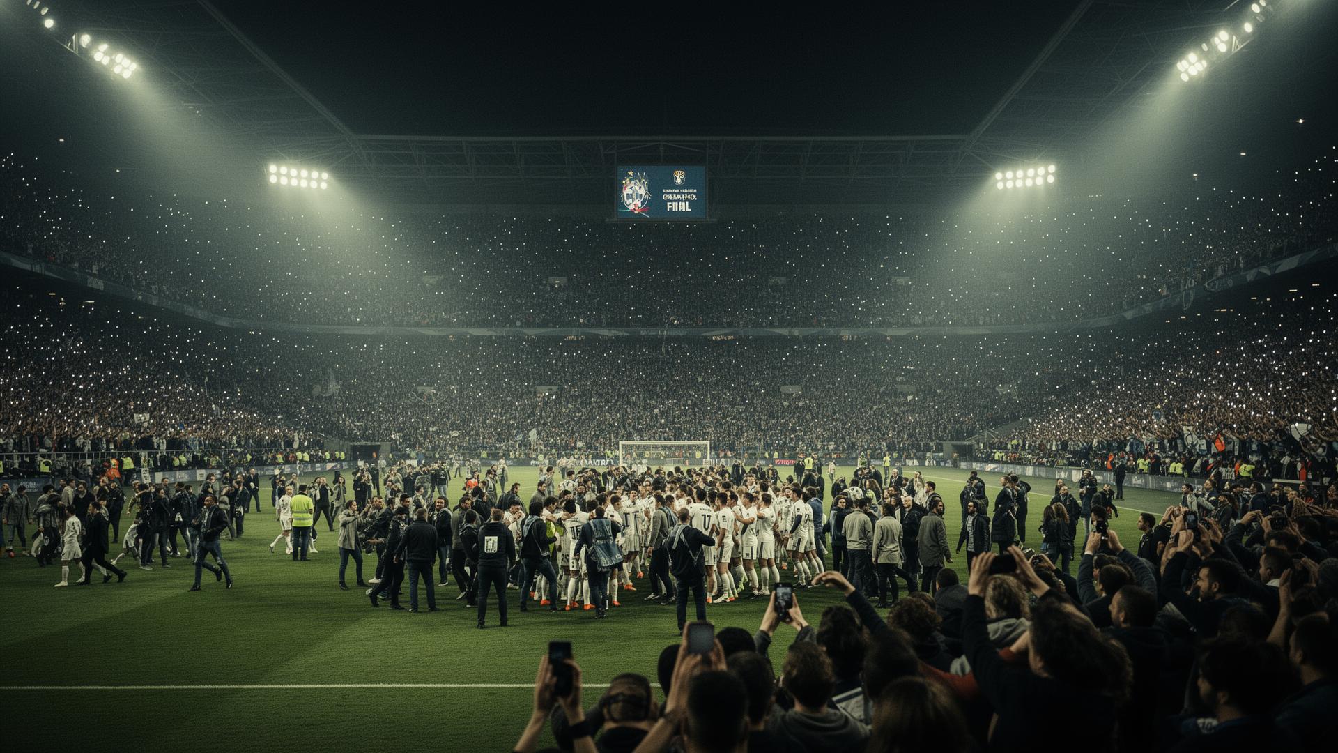Simulated reconstruction: packed championship final stadium with players and staff converging on field