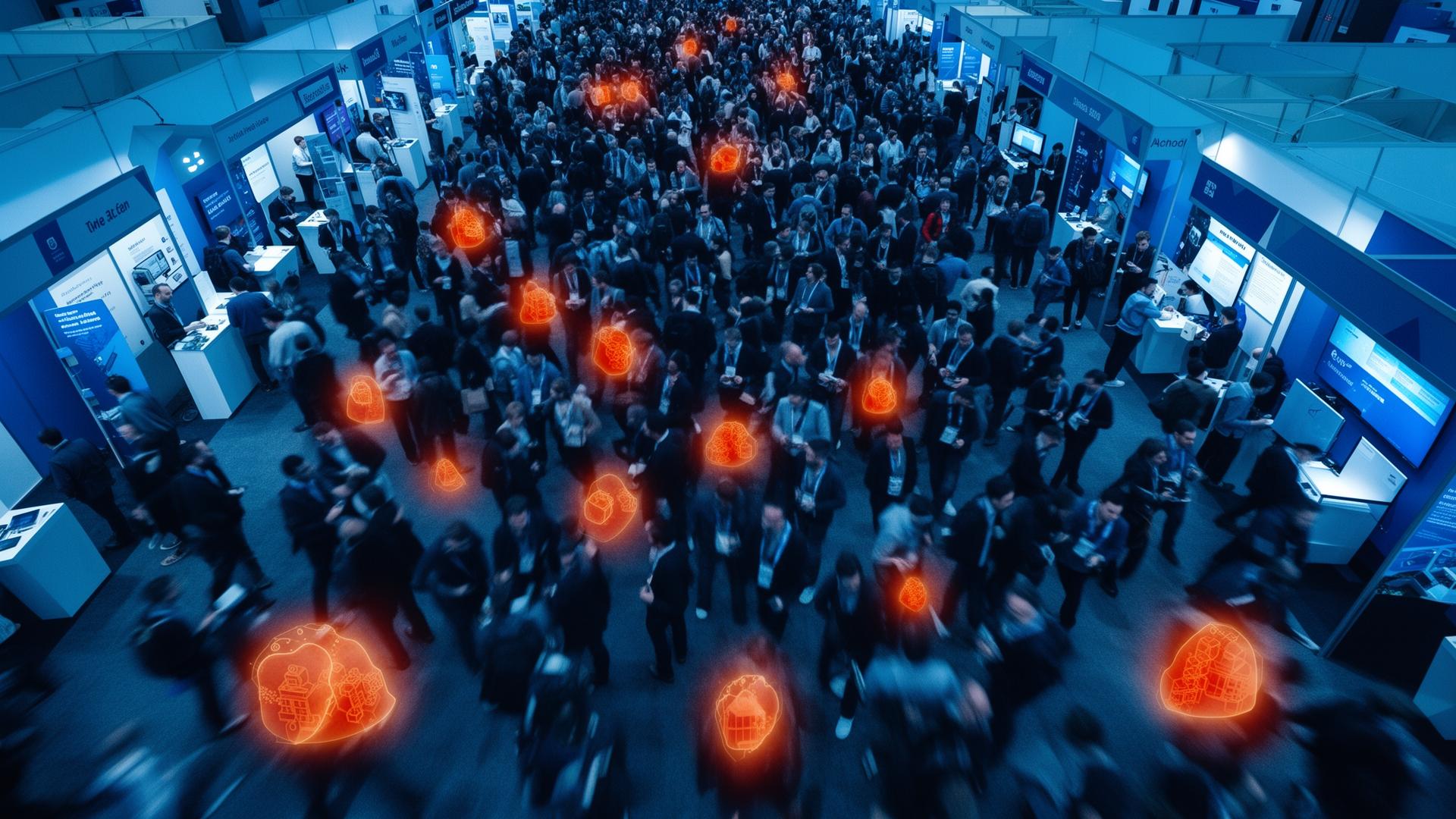 CES exhibit hall crowd with AI heatmap density overlays