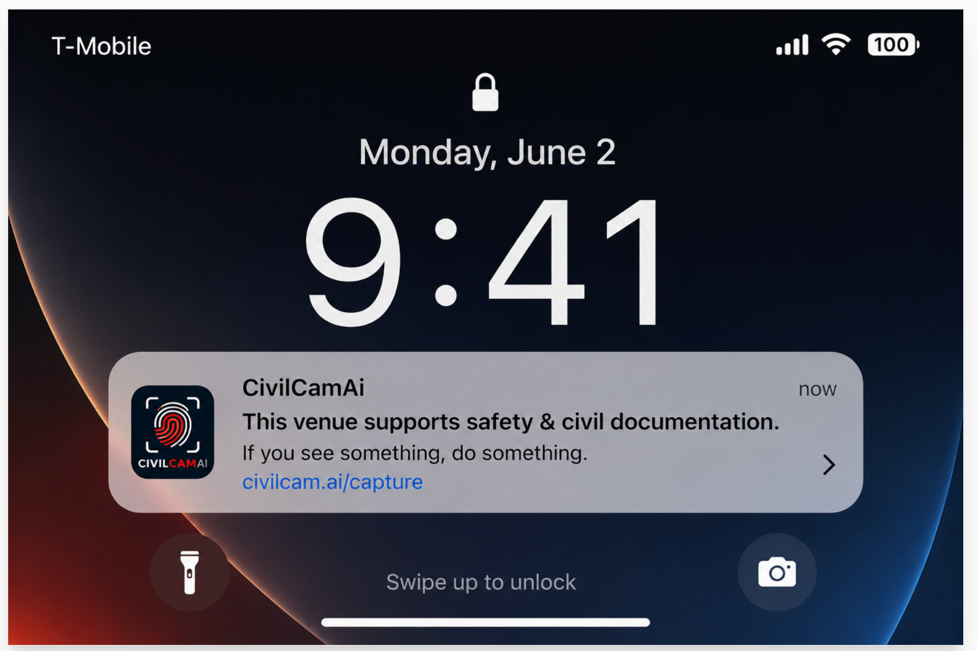 Close-up of CivilCamAi geofence notification banner on an iPhone lock screen — one tap to capture