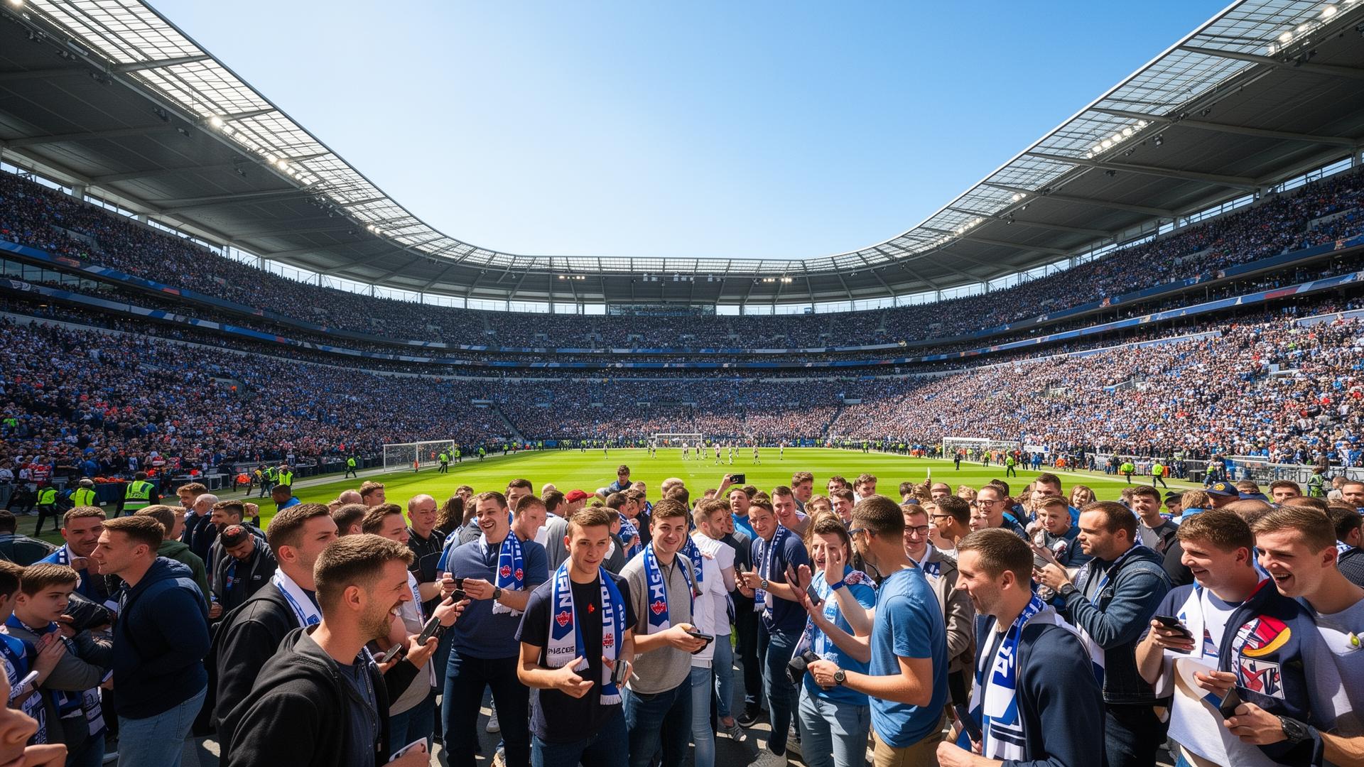 Football fans entering a stadium on game day with smartphones in hand