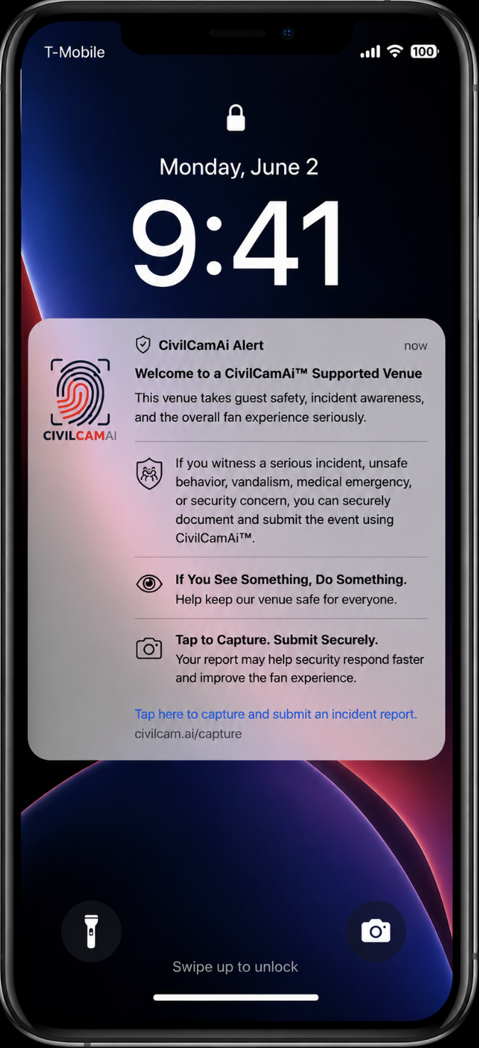 iPhone lock screen showing CivilCamAi geofence notification at a stadium
