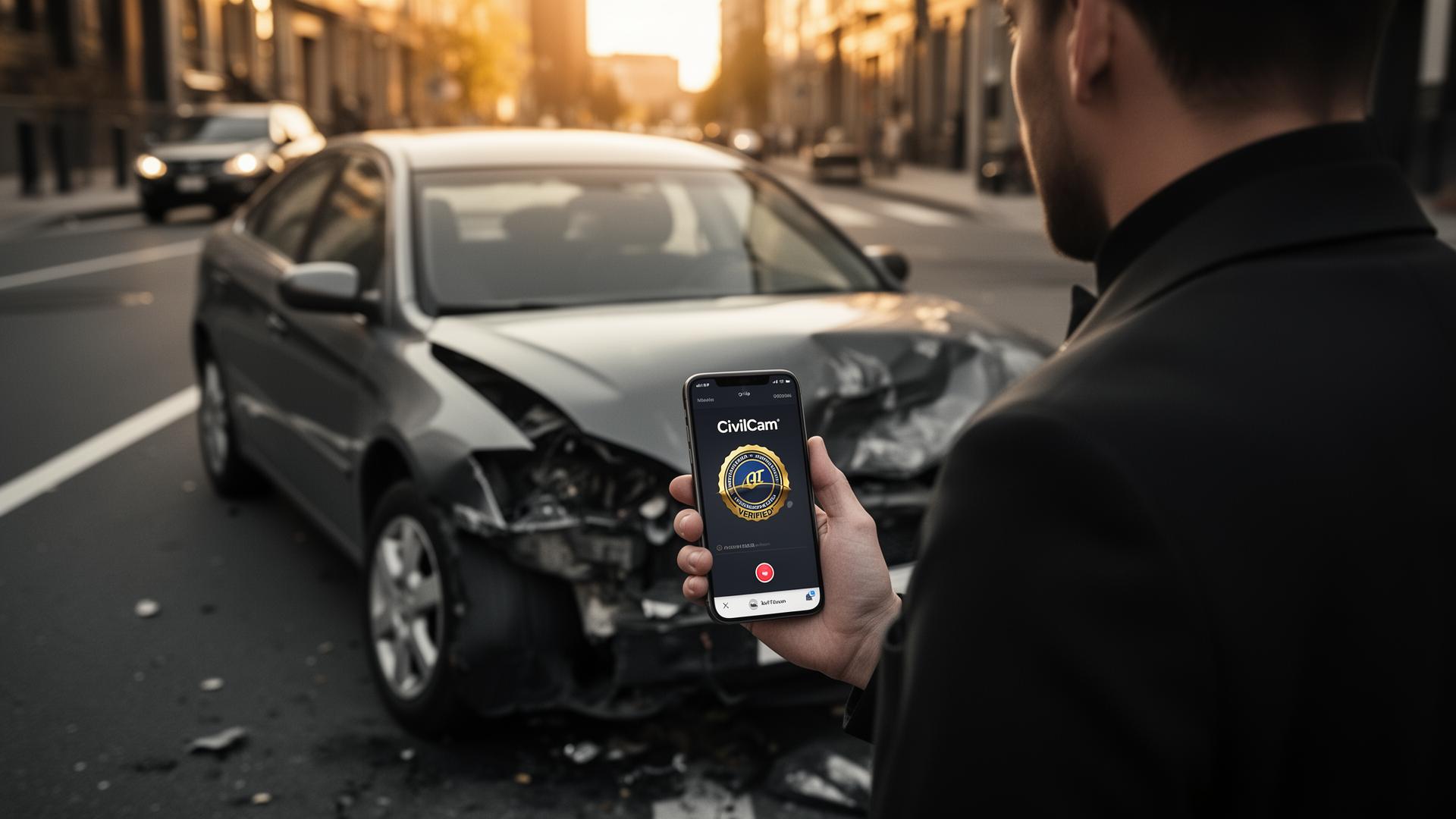 Insured at the scene of a collision capturing verified CivilCam footage on a smartphone