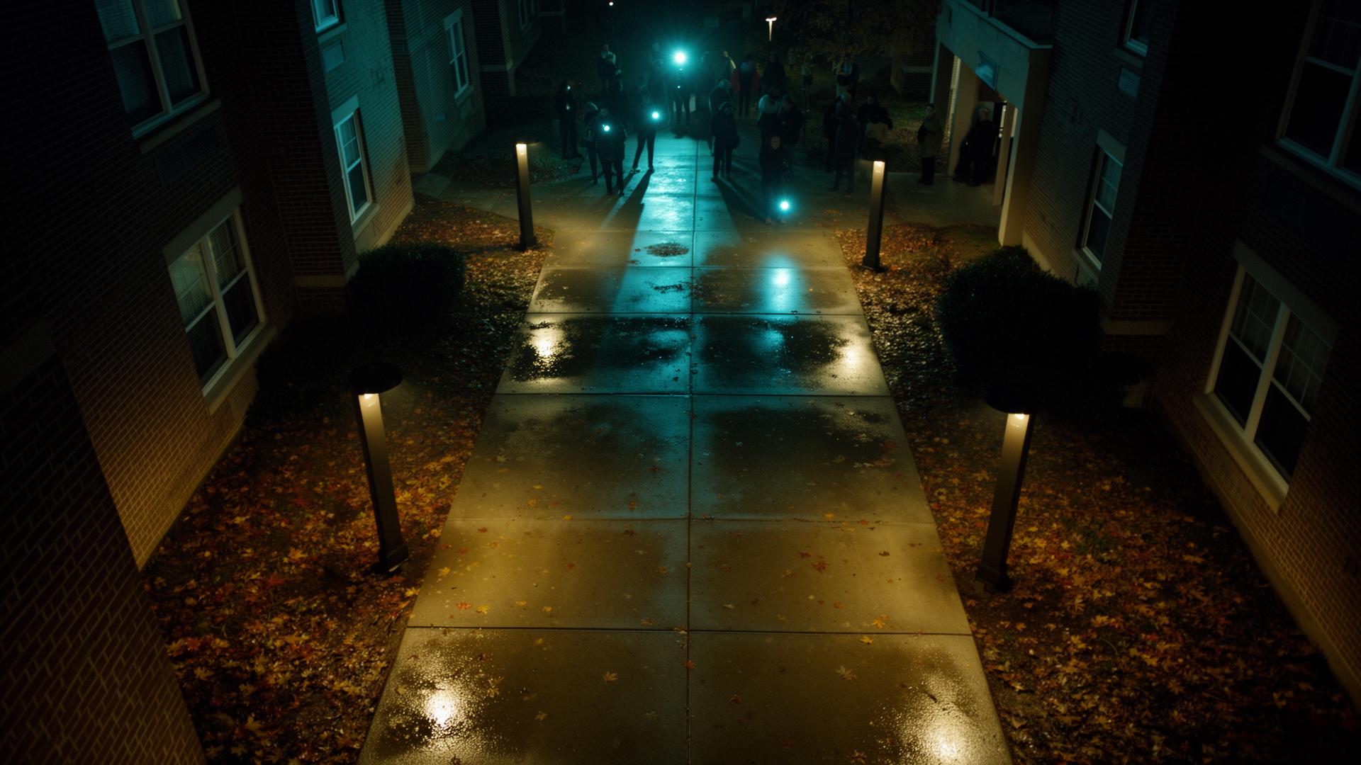 Simulated overhead reconstruction: rain-slick residence hall walkway with distant phone-light glow