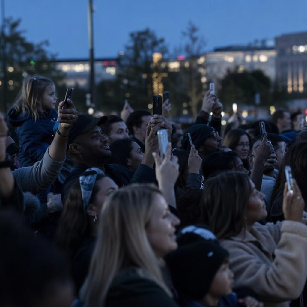 A crowd at dusk holding up smartphones, glowing screens connected by a network of light — the civilian validation network