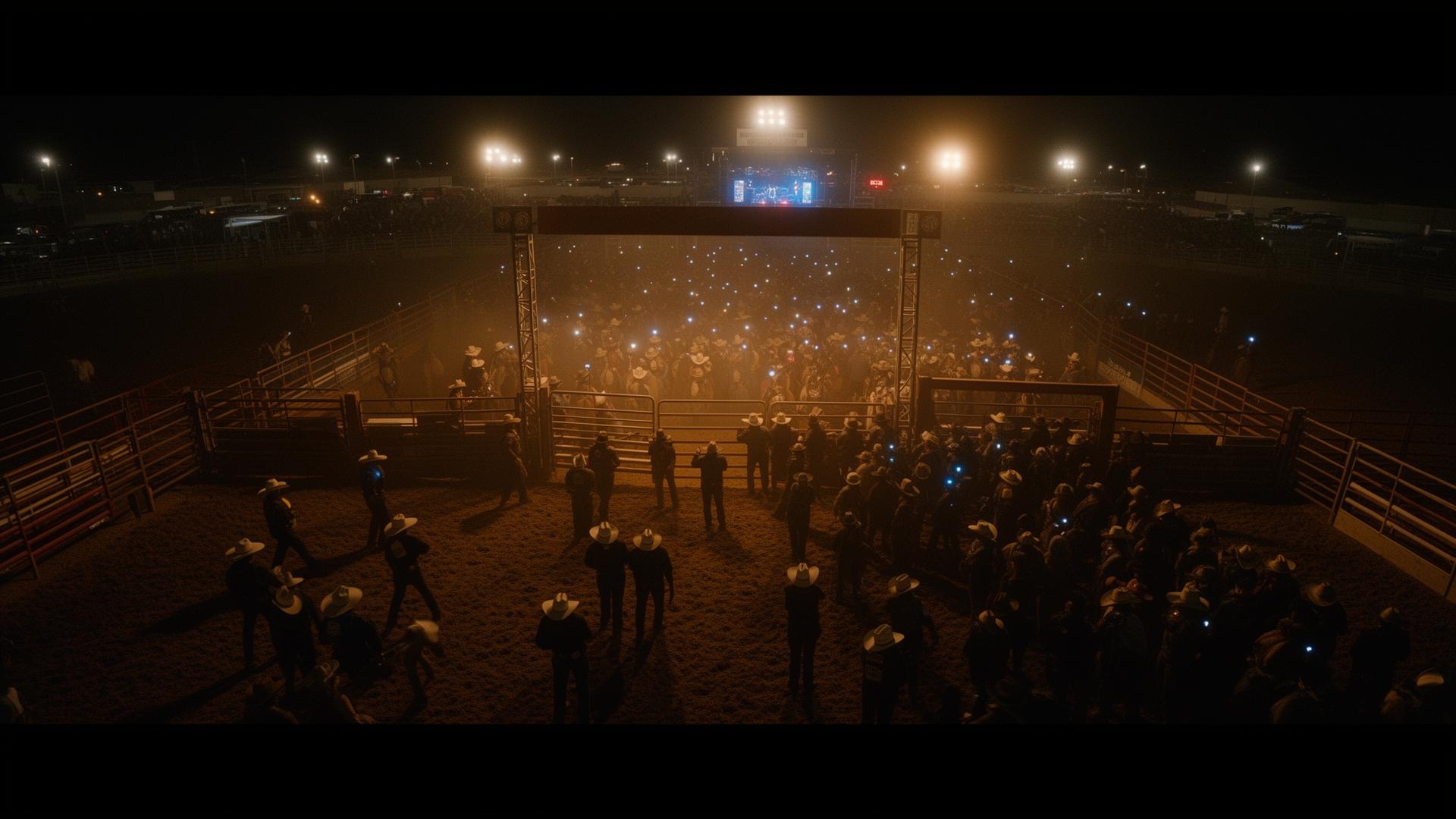 Simulated overhead reconstruction: scattered phone-light glow above the rodeo concert exit