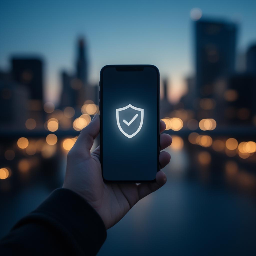 Citizen holding a smartphone showing a validation shield, city lights at dusk
