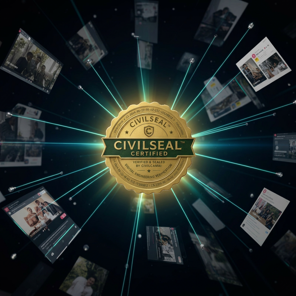 Fragments of media converging into a certified validation seal