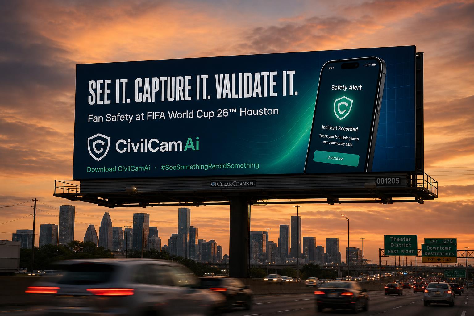 CivilCamAi digital billboard along US 59 in Houston advertising fan safety for FIFA World Cup 26
