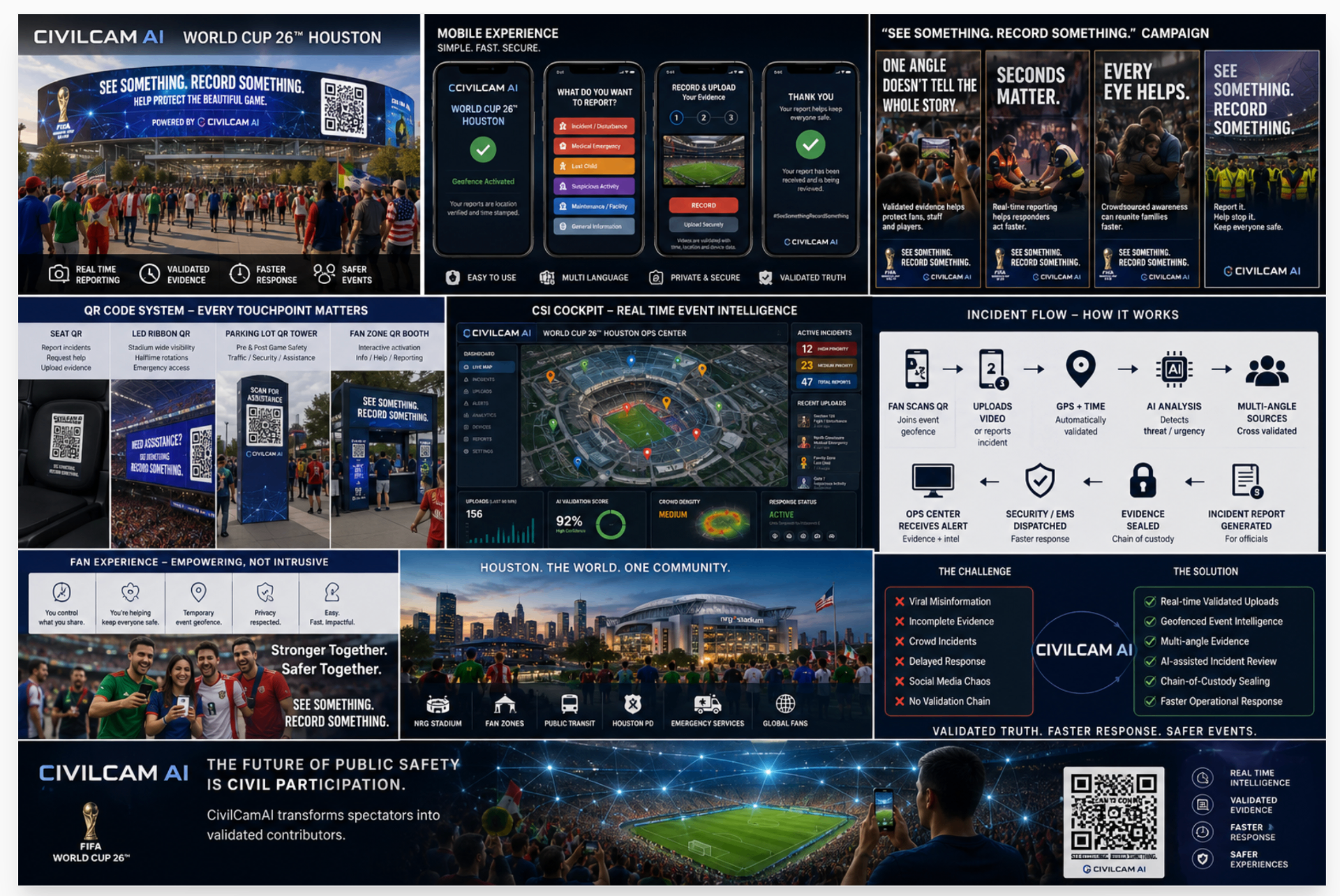 CivilCamAi World Cup 26 Houston marketing deck — billboards, mobile experience, QR touchpoints, and CSI cockpit