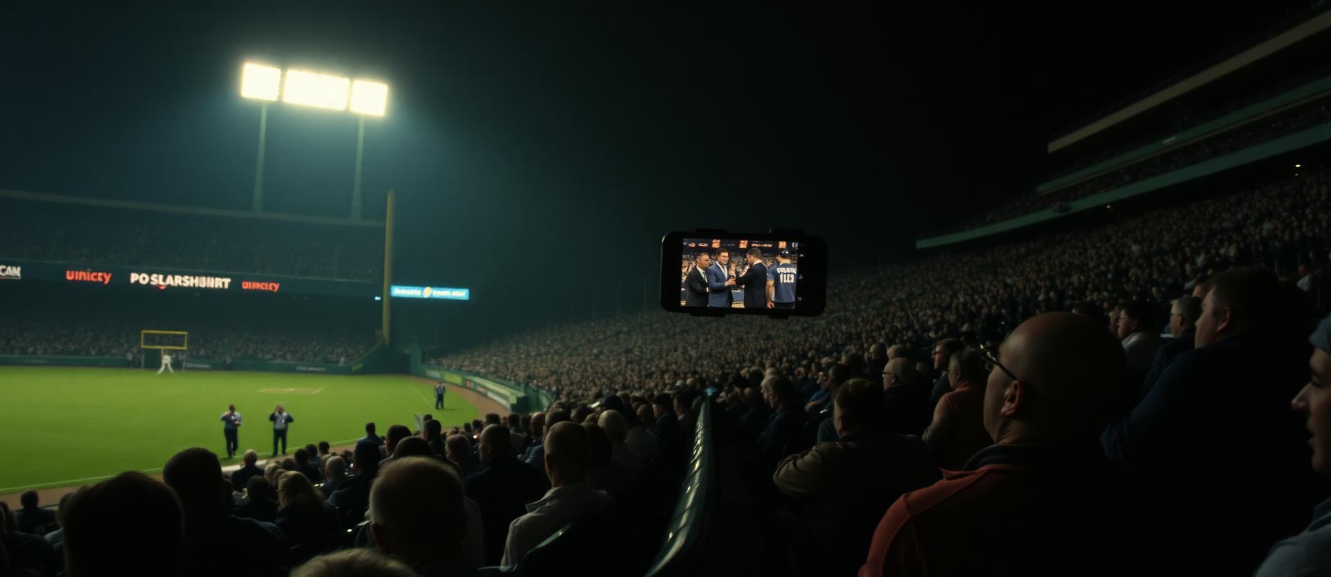 Simulated reconstruction: a single phone screen capturing partial fight context as surrounding stadium crowd reacts