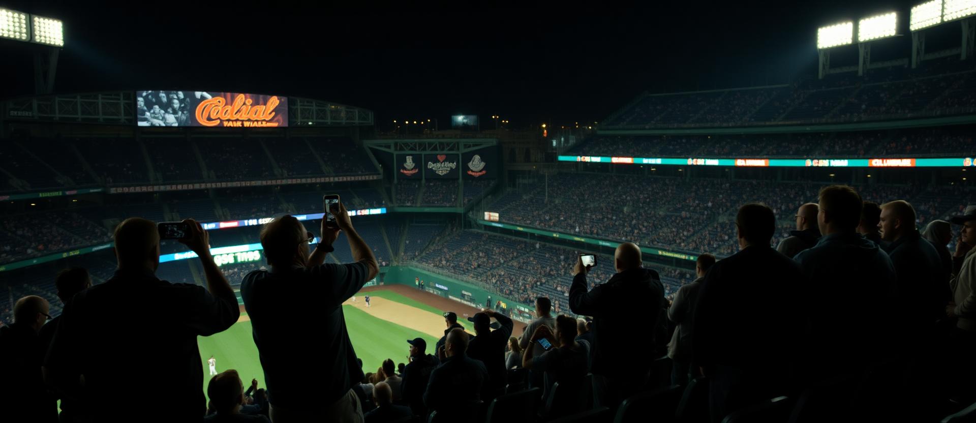 Simulated reconstruction: night MLB stadium upper tier with fans standing and recording an altercation in the seating